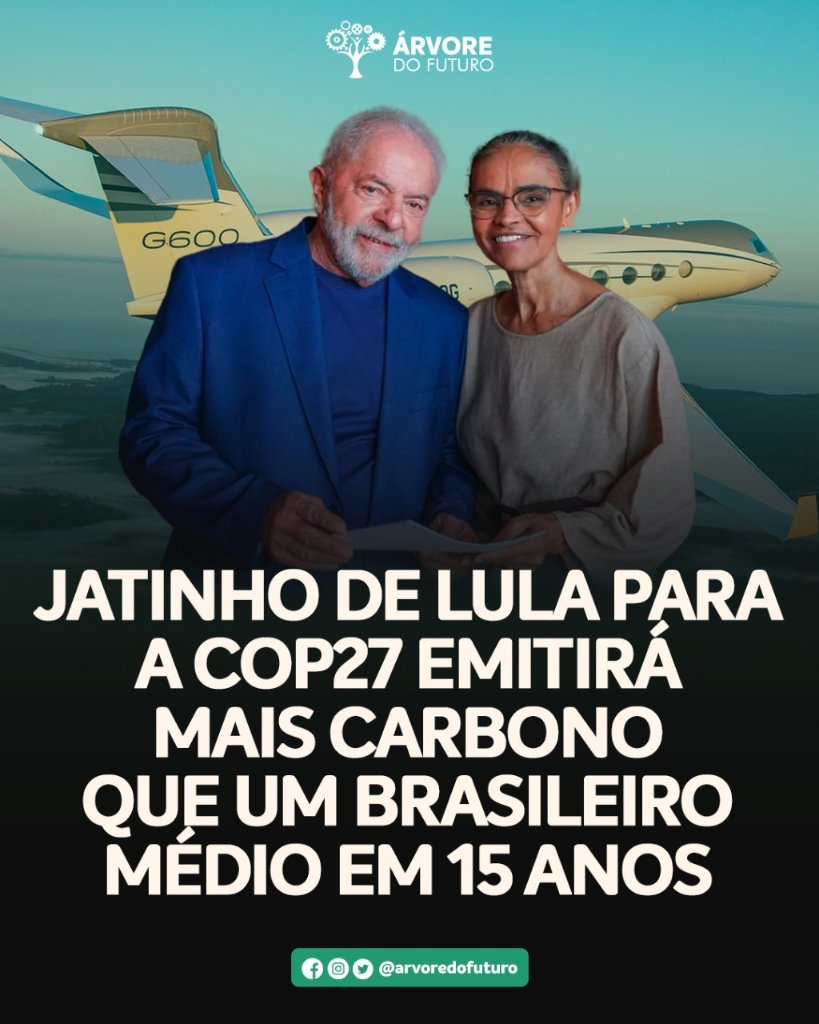 Viagem de Lula de jatinho à COP27 emitirá ao menos 104 toneladas de carbono equivalente. Em poucos dias, o presidente eleito poluirá mais a atmosfera que um brasileiro médio em 15 anos. Cerca de 400 jatinhos como o dele chegaram ao Egito esta semana.