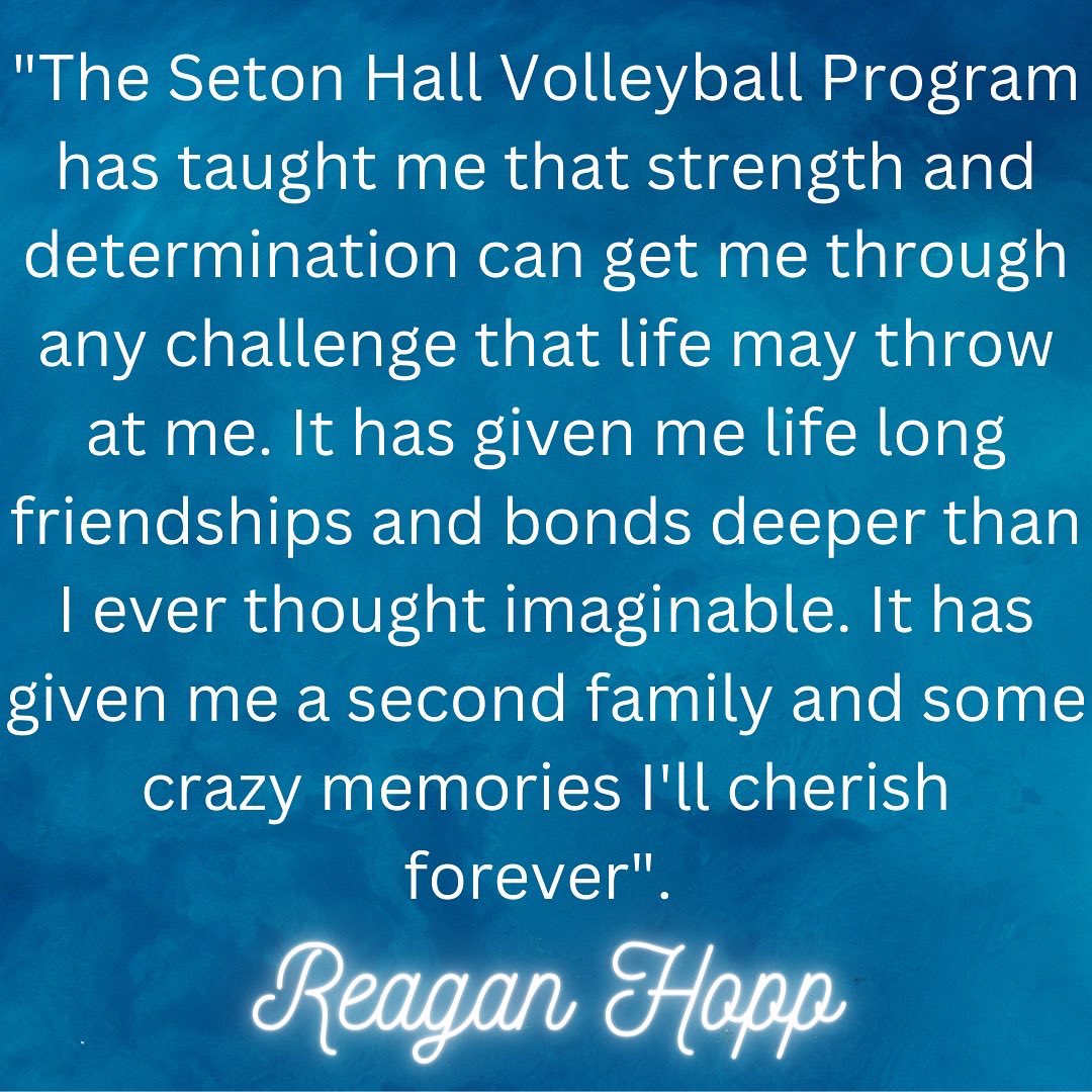 SHUVolley's tweet photo. Our third 𝕊𝕖𝕟𝕚𝕠𝕣 𝕊𝕡𝕠𝕥𝕝𝕚𝕘𝕙𝕥 is Reagan Hopp, coming from Carmel, IN. This captain outside has been a mama bear to many players and helped in our success for the last four seasons. Come and support your seniors Saturday Nov. 19th at 6pm in Walsh! @HoppReagan https://t.co/Oj1fGekBVE