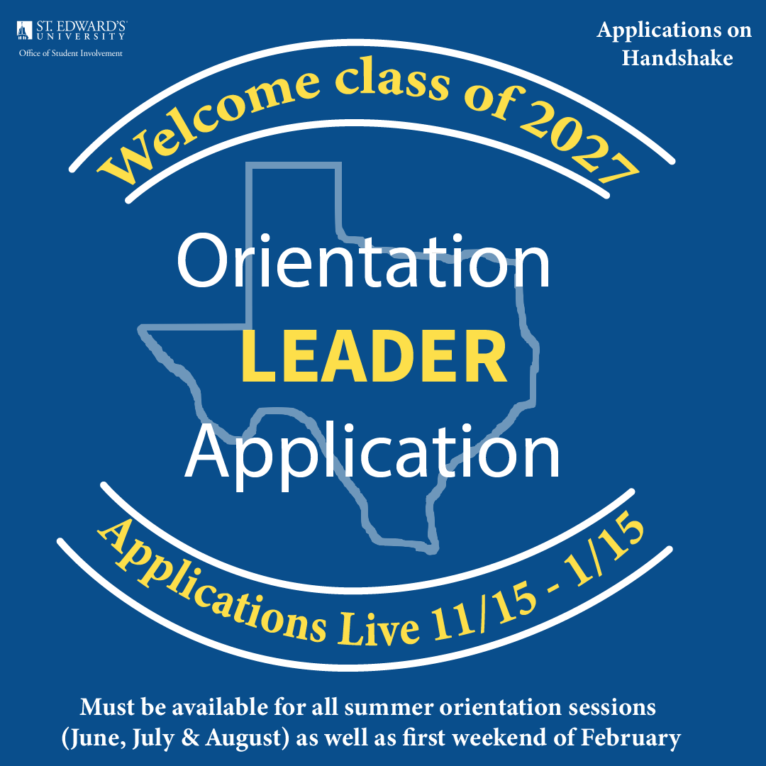 seu_involvement's tweet photo. Help welcome the Class of 2027 and showcase how special the Hilltop is by applying to be an orientation leader TODAY! Applications are open on Handshake until 1/15/23.

Email orientme@stedwards.edu for more information. https://t.co/qrjFDtpZFy