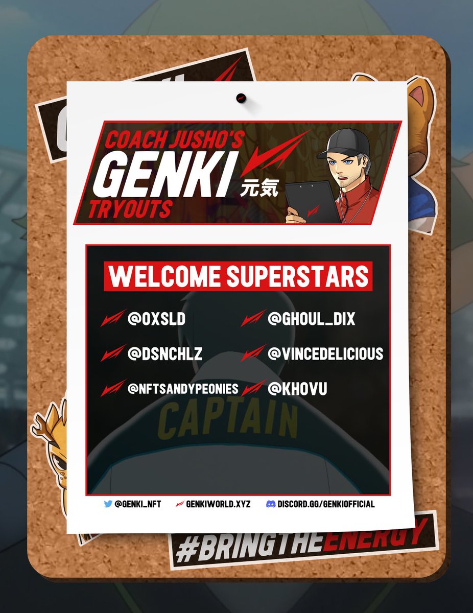 Welcome the newest superstars of <a href="/Genki_NFT/">Genki</a> !

<a href="/0xsld/">0xsldsld.eth</a>
<a href="/Ghoul_dix/">Gh()ul</a>
@DSNChlz
<a href="/vincedelicious/">vincedelicious</a>
@NFTSandypeonies
<a href="/kh0vu/">notkhovu</a>

We look forward to having you #BringTheEnergy ⚡