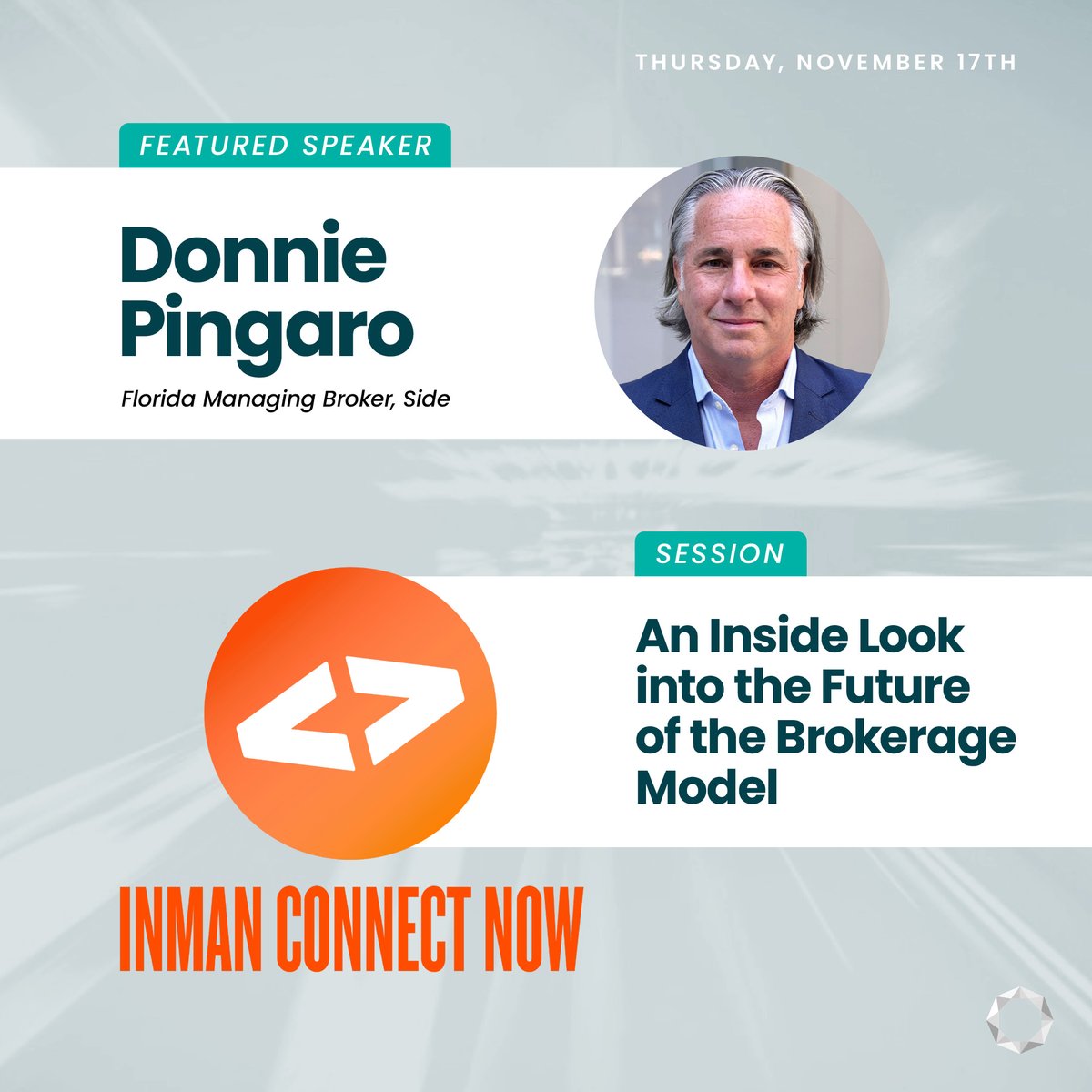 side_realestate's tweet photo. Tune in tomorrow to Inman Connect Now to hear @Donnie_Pingaro, Side’s managing broker of Florida, talk about the future of brokerage and how agents can thrive in this market. https://t.co/PYeTc6Tk0m https://t.co/TTi8K2mREm