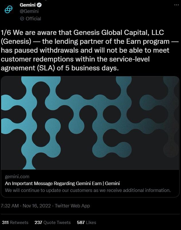 TwinTurboCe1ica's tweet photo. Gemini just paused withdrawals on their earn program.
If only someone had warned that these yield farming programs were nothing but Ponzi schemes..
Oh wait, I did. Have a listen.
#Crapto #Ponzi #Bitcon #Gemini #Genesis https://t.co/lCXGgxCZkk