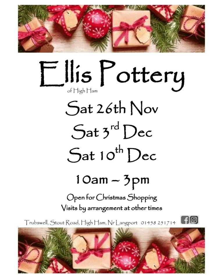 EllisPotteryHH's tweet photo. Looking for unique handmade Christmas gifts? 
Pop along to one of our open days or by arrangement at other times. 

Spread the word! 

If you can bring your own bag that would be great. Thank you. 

#pottery #highham #Langport #Somerset #totallylocallylangport https://t.co/LsmSeAaRzx