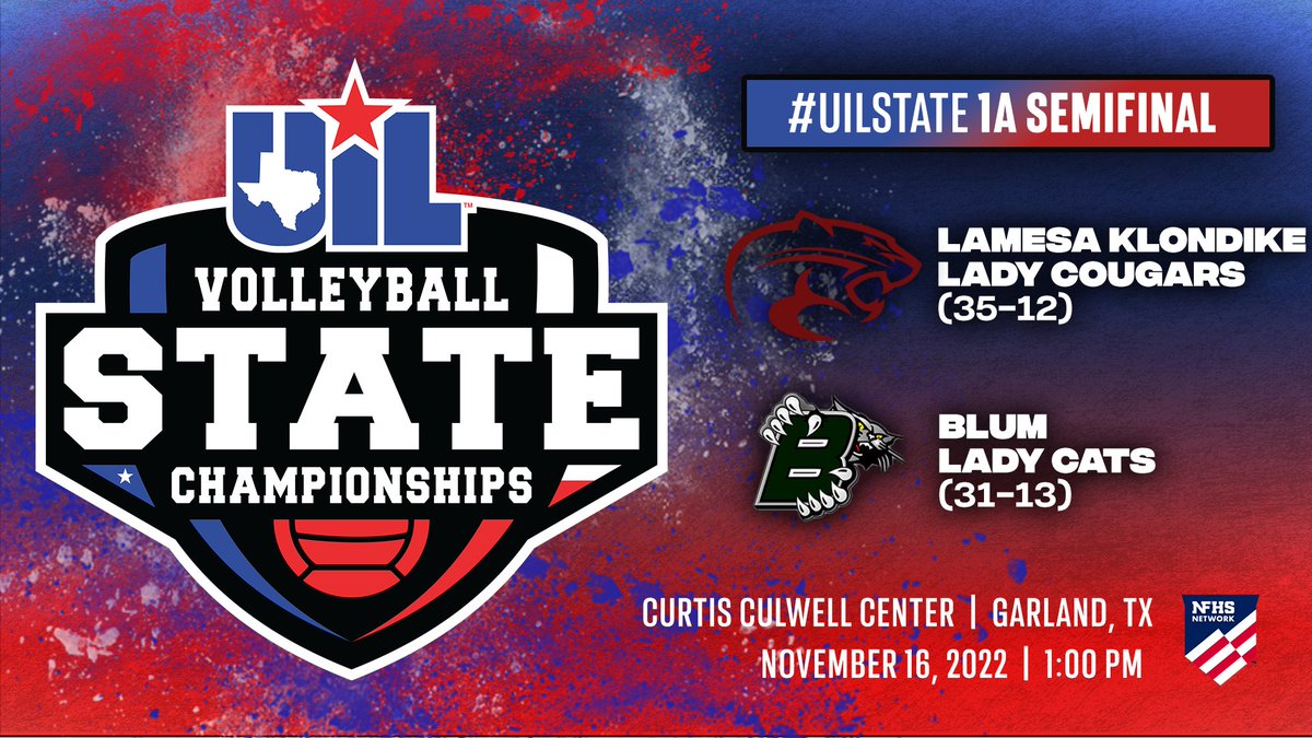 uiltexas's tweet photo. VOLLEYBALL 1A SEMIFINAL:
@KlondikeHigh 🆚 @blum_vball  

⏰ 1:00 pm
📍@CulwellCenter
🏐 https://t.co/eGWW61Oiau
🖥 https://t.co/oX1QrE7vtj (@NFHSNetwork)
📊 https://t.co/wZFhJWUJeS
📖 https://t.co/jN9l0Wm4b4

#UILState https://t.co/V91gffkgdB