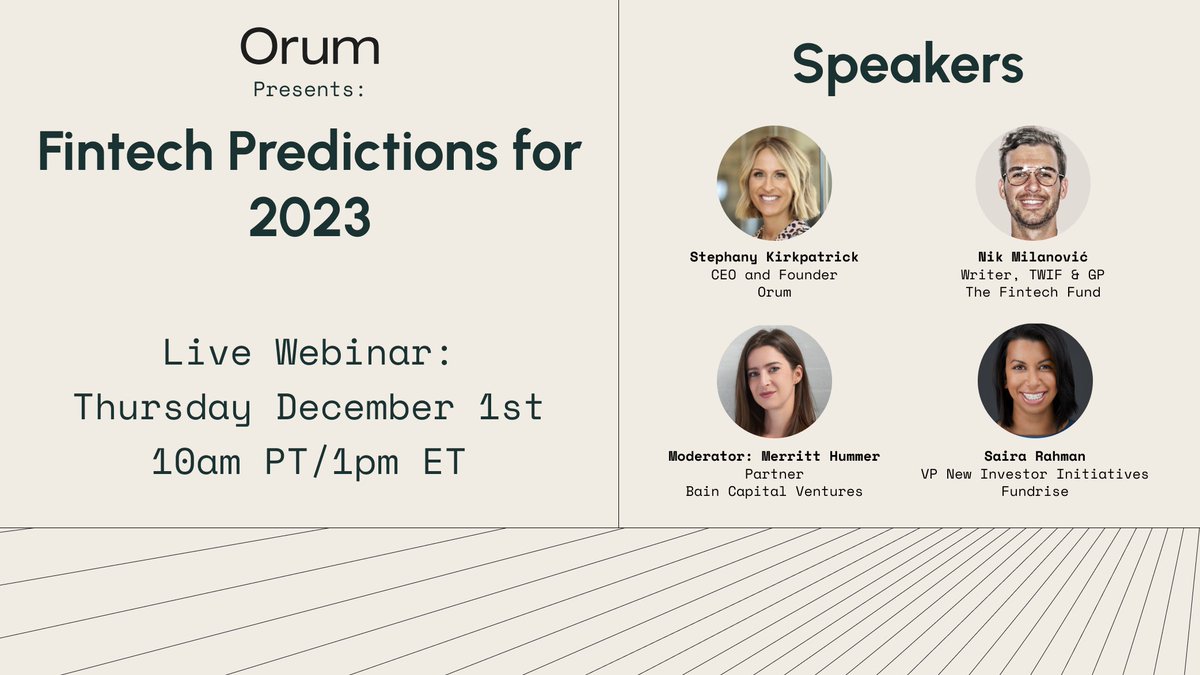 What a year it's been. After a crazy 2022, what should we expect in 2023? Is FTX a watershed moment or nail in the coffin for crypto? What about fintech's fraud problem? Join me @merritthummer @NikMilanovic & @sairarahman on Dec 1 to discuss! orum.zoom.us/webinar/regist…