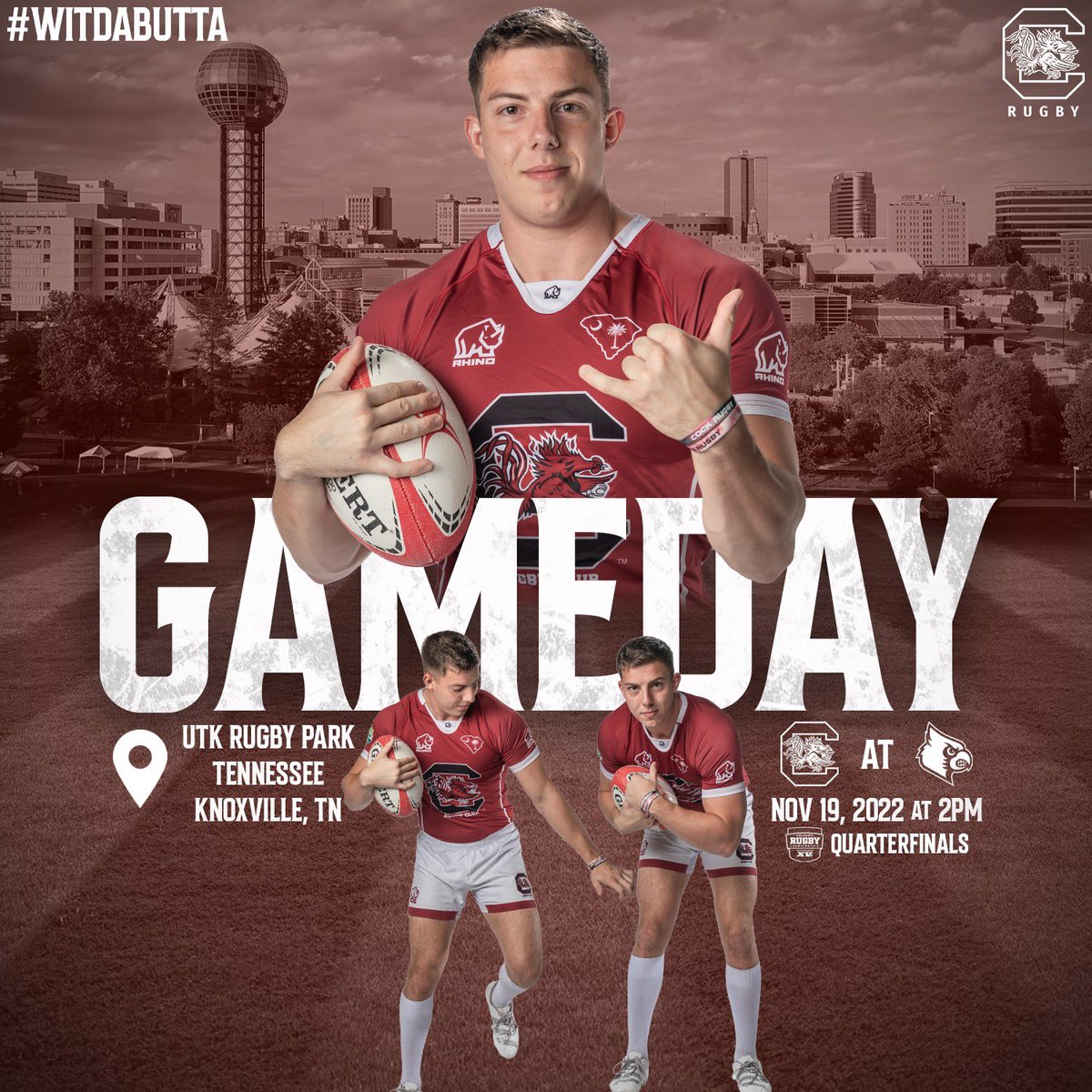 CockRugby's tweet photo. The Gamecocks will be taking on the top ranked Louisville Cardinals this Saturday in the first round of the NCR Men’s Division 1-AA National Championship Playoffs! Come out to Knoxville or watch on the Gamecock Rugby YouTube! #CockRugby #WitDaButta #BeatLouisville #NCRPlayoffs https://t.co/pB1GoweMkc
