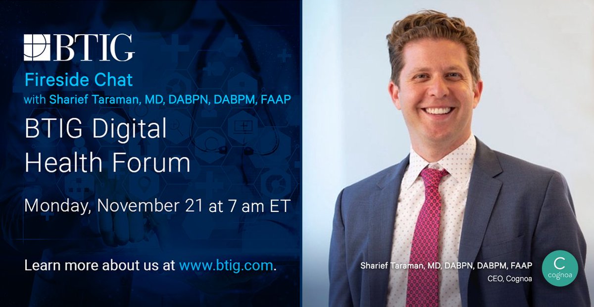 <a href="/DrTaraman/">Sharief Taraman, MD 🧠</a> #CEO <a href="/CognoaInc/">Cognoa</a> will open the #BTIG #DigitalHealth Forum speaking on the opportunity for #AI #SaMD #digitaldiagnostics and #DTx devices to improve #pediatric #behavioralhealthcare
ow.ly/KSLY50LGhwb
#medtech #healthtech #digitalhealthinvestment #digitalhealthvc