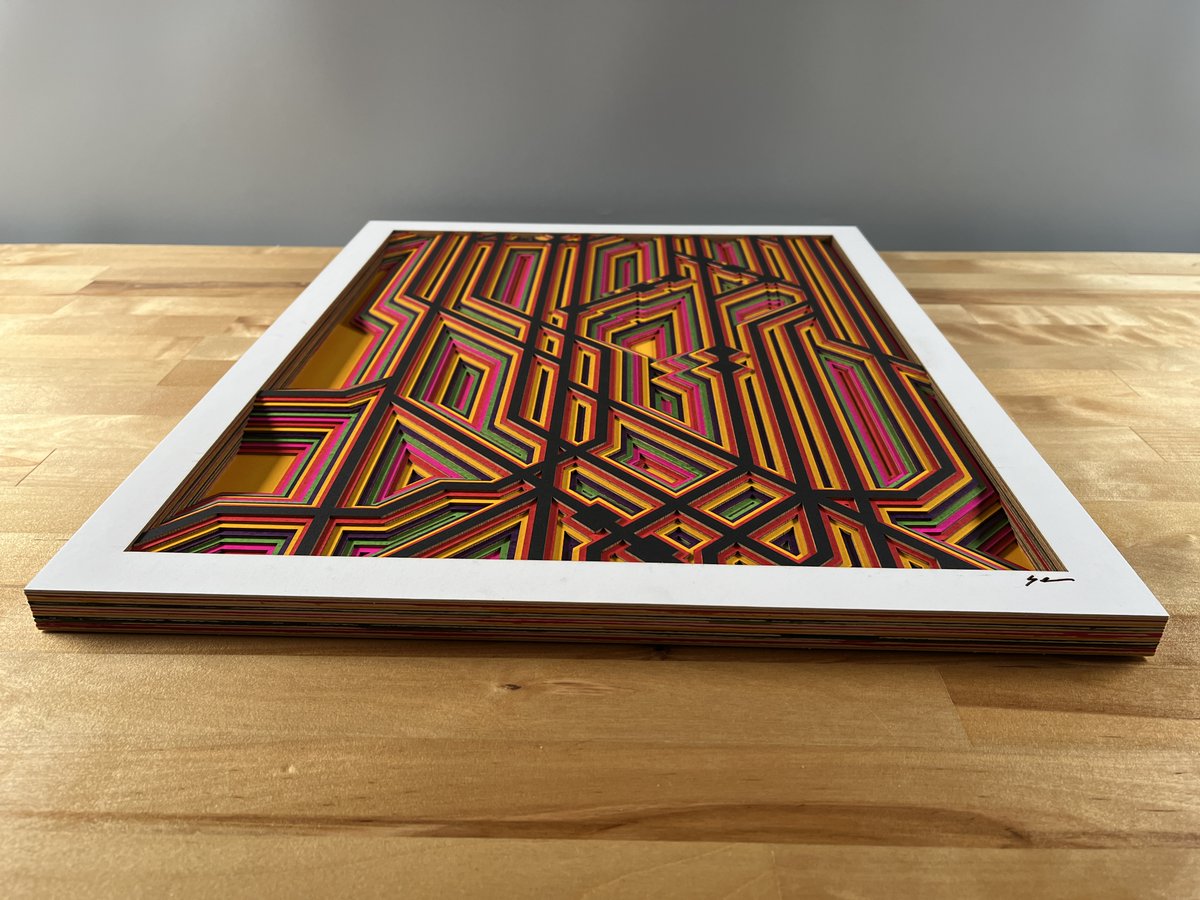shawnkemp's tweet photo. Lanes of Travel #8 minted by @bullseyedot on #fxhash with #tezos has jumped the chasm and now exists in real life as a 16x20in artwork made from layers of cut museum board tinted with shellac. https://t.co/MJyhwT7yxv