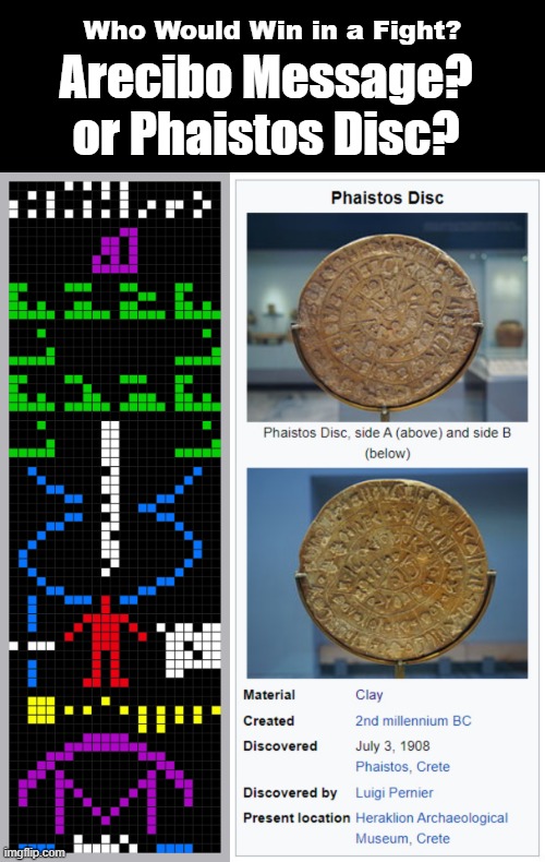 GnomonChronicl1's tweet photo. #WhoWouldWinInAFight
Who Would Win in a Fight?
Arecibo Message?
Or Phaistos Disc? https://t.co/JrDKibPMbp