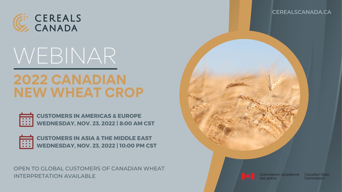 Cereals_Canada's tweet photo. Don't miss the 2022 Canadian New Wheat Crop webinar, presented in partnership with @Grain_Canada. Learn about this year’s wheat production and technical analysis of quality and functionality—everything you need to know about Canada’s new crop. Register at: https://t.co/W1eY6rencp https://t.co/frQhqMtgWS