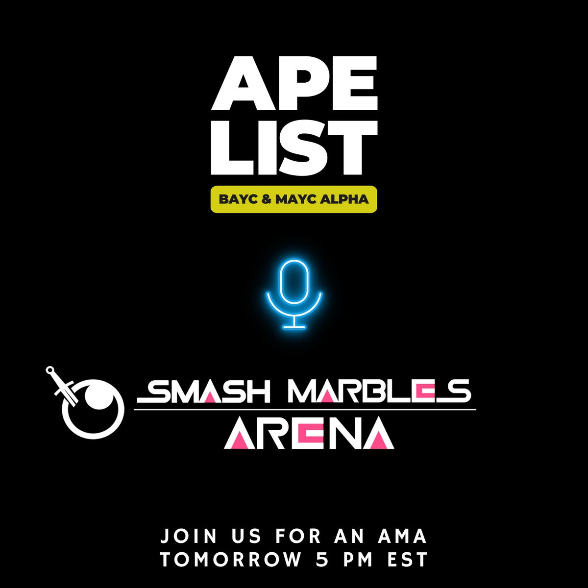 TheApeList_'s tweet photo. Set your reminders for an AMA with @MarblesArenaNFT

Every NFT grants a ticket to enter our 100 ETH tourney. It consists of one competition: Rock Paper Scissors. This Championship lets all Smash Marbles assemble to warm up and get to know each other.

https://t.co/ArKsZtxQfy https://t.co/rI363ZDbRp