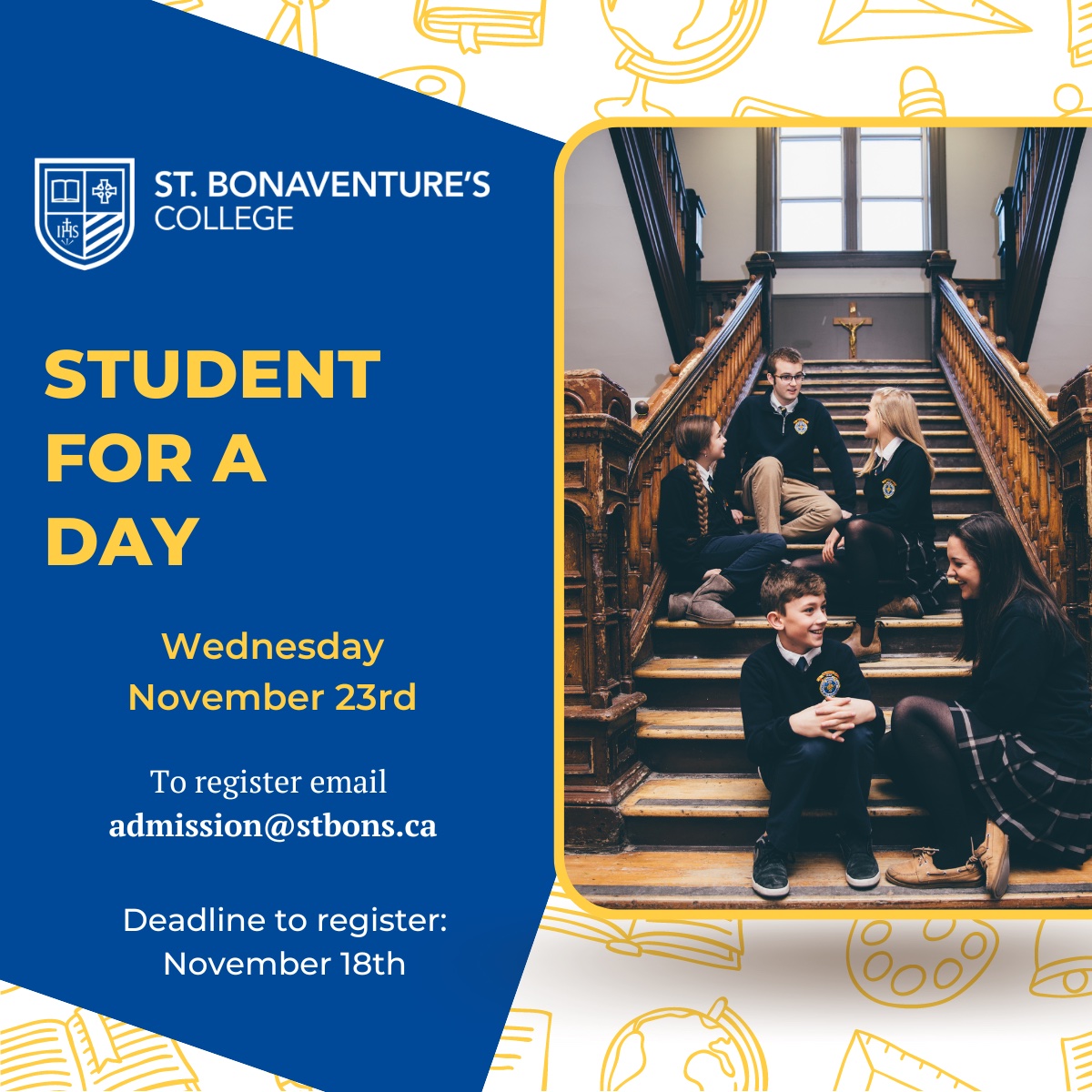 St. Bon's 🇨🇦 (@stbonaventures) on Twitter photo The deadline to register for our first Student For A Day is this Friday. Don't miss out on the opportunity to learn what St. Bon's is all about & if it is the right fit for your child. To register email admissions@stbons.ca. If you miss this one, there will be more in 2023. The deadline to register for our first Student For A Day is this Friday. Don't miss out on the opportunity to learn what St. Bon's is all about & if it is the right fit for your child. To register email admissions@stbons.ca. If you miss this one, there will be more in 2023.