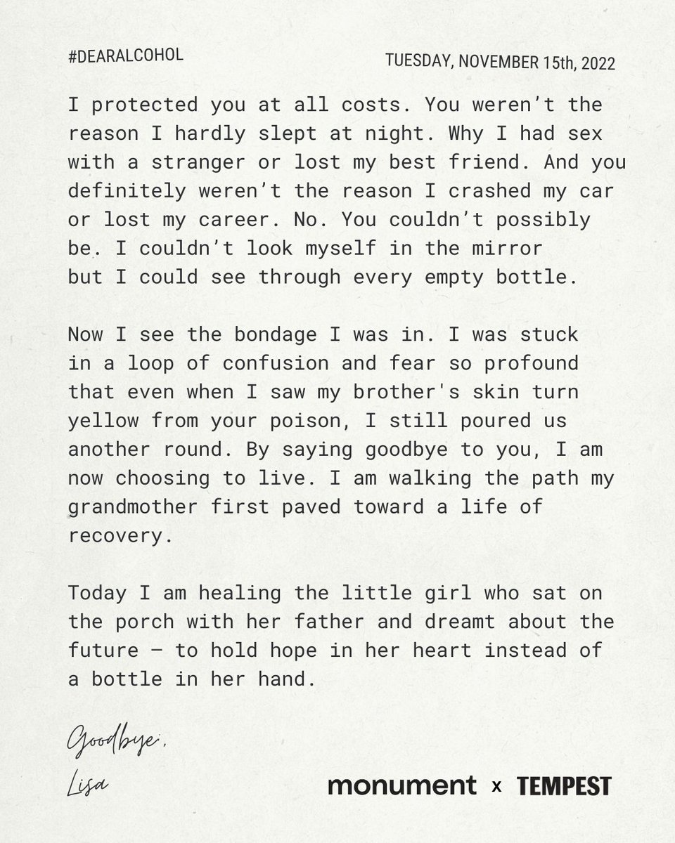We were so moved by this #DearAlcohol letter from one of our inspiring followers. Be sure to give it a read ❤️