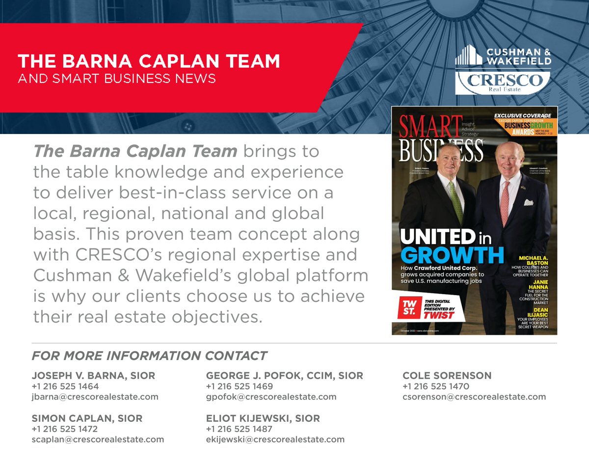 TeamBarna's tweet photo. View our featured properties advertised in the October 2022 issue of the @Smart_Business News Magazine!  

https://t.co/8wd7AA1xmh

@Cresco_RE 
@GeorgePofok, Joseph V. Barna, SIOR, @Ekijewski, Simon Caplan, SIOR and @sorenson_cole https://t.co/DCWZFGel3W