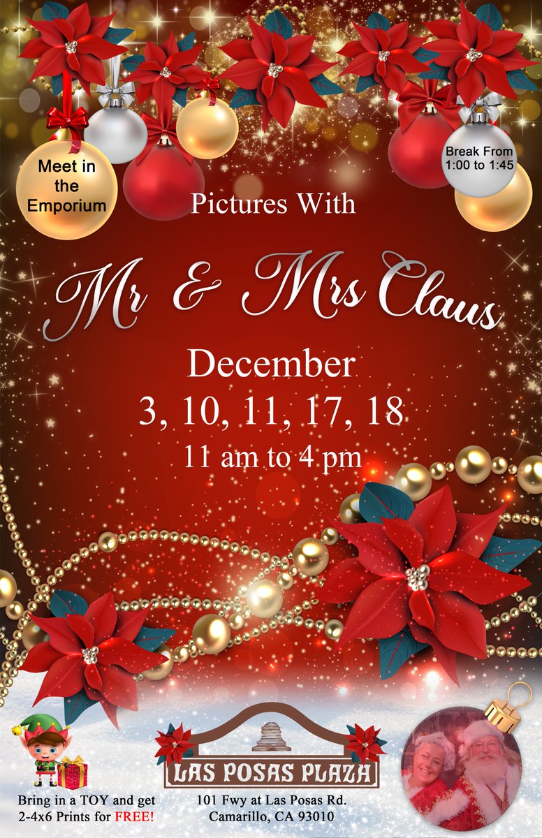 PosasLas's tweet image. Santa Claus is coming to the Las Posas Plaza. Take pictures with Mr &amp;amp; Mrs. Claus. Bring a toy and get 2-4x6 prints for FREE. Pictures cost $5.00 otherwise. We are located in the Las Posas Plaza, 101 Fwy at Las Posas Rd. Meet in the Emporium next to Starbucks.