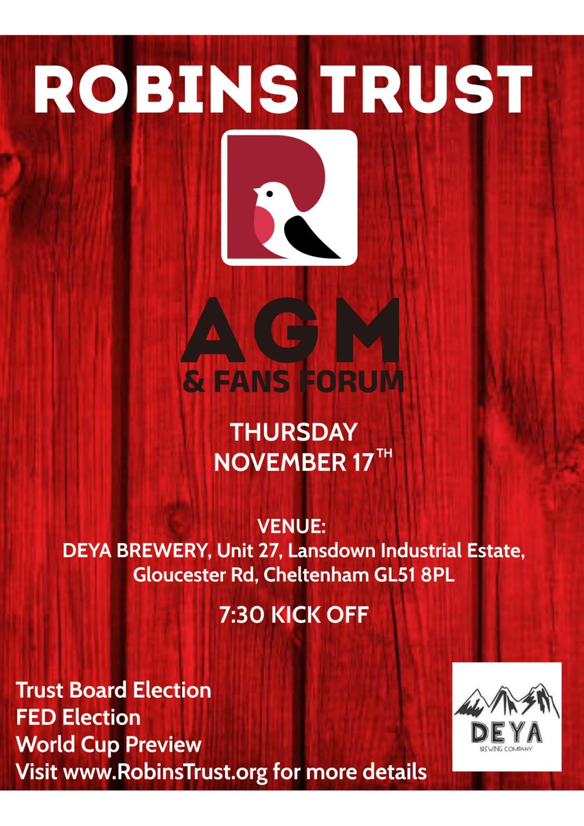 robinstrust's tweet photo. This time tomorrow we will be kicking off the AGM at @deyabrewery
Followed by the fans forum, and a World Cup preview.
Come and ask your questions, and why not join, or get involved with the @robinstrust while youre at it?
#CTFC #RobinsTrust #AGM https://t.co/xEDJVZu8fB