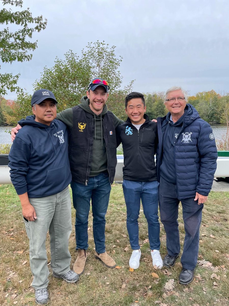 UCC_Community's tweet photo. Daniel Hong ’13 and Graham Buchan ’13 came out to watch the Head of Charles Regatta and took some time to see our crew. Here they are, pictured with Manny Azarcon, Director of Rowing, and volunteer coach John Ashbee.
#UCCCommunity #UCCAlumni #UCCRowing https://t.co/lRiV6JisQW