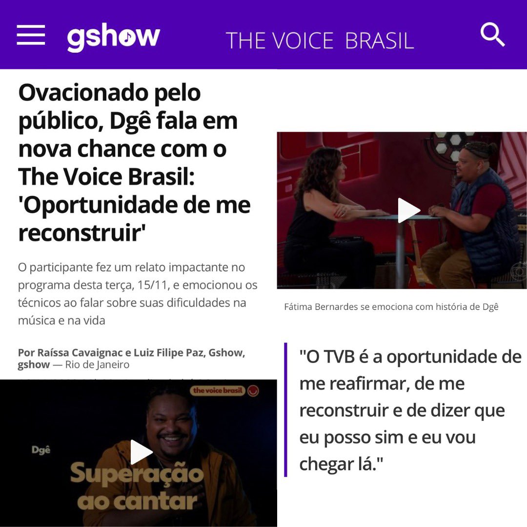 dgeoficialrj's tweet photo. Já conferiram essa matéria linda que o @gshow fez comigo? Obrigado por tanta sensibilidade!
Além de cantar, eu quero inspirar e mostrar que todos podem realizar os seus sonhos! 💜 #TheVoiceBrasil #teamdge #timeiza
https://t.co/vLIB69qHbo https://t.co/kX2FbJLsrs