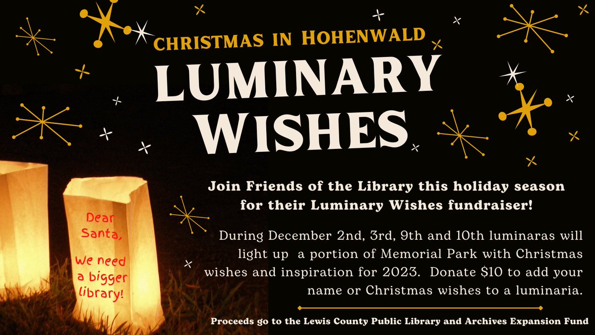 Holiday wishes will light up a part of Memorial Park during #ChristmasInHohenwald. Donate $10 to add your name or greeting to the display.  Order form here: tinyurl.com/34t7y62w All proceeds benefit #library expansion. #hohenwald #fundraiser