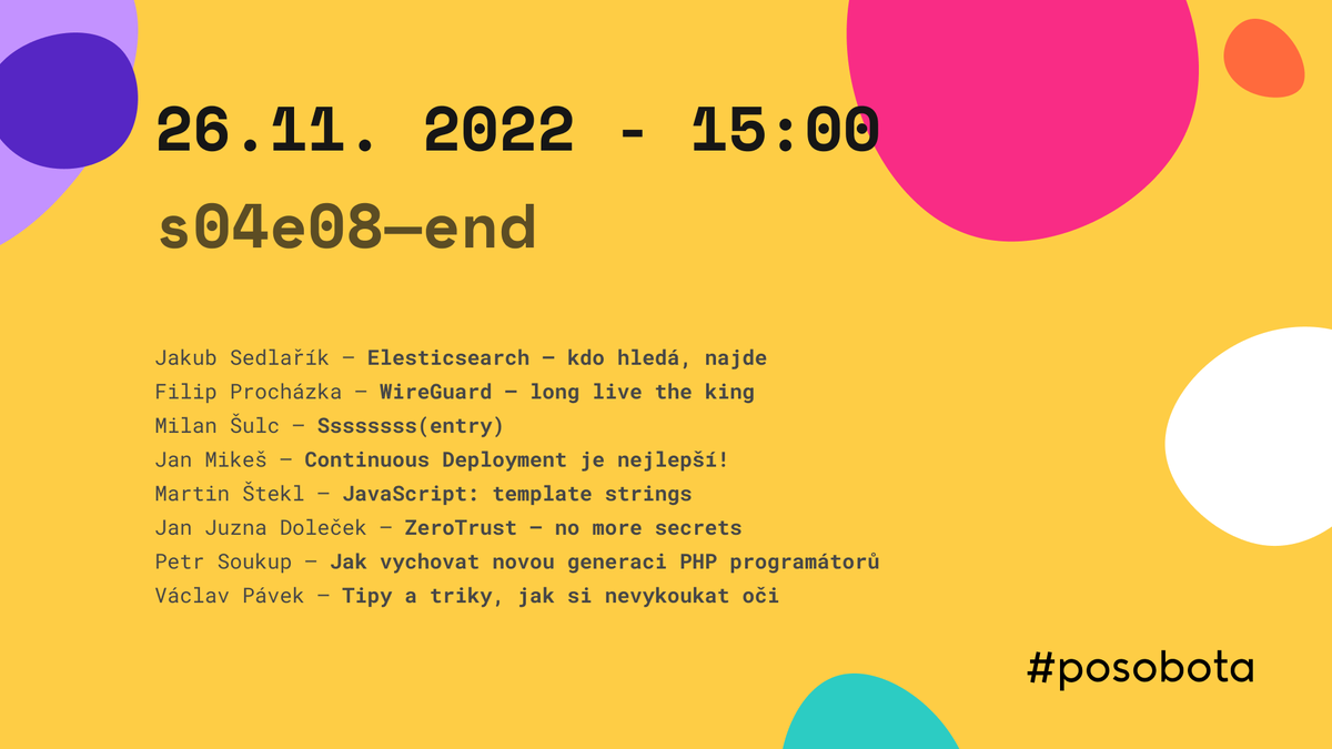 posobota's tweet photo. Závěrečná #posobota tohoto roku má program plný až na půdu. S kým se potkáme offline v Pardubicích? Celý program najdete na https://t.co/lJsScLase0
#nettefw #pehapkari #pardubice #offline https://t.co/fzgvptidg3