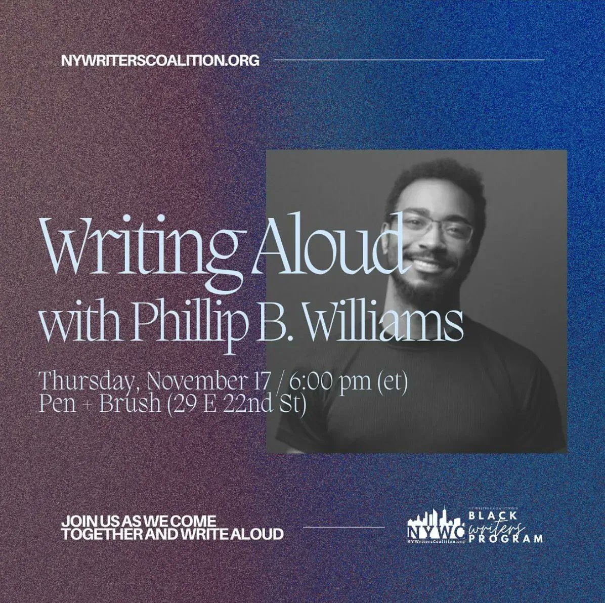 penbrush's tweet photo. Tomorrow Pen + Brush welcomes @NYWriters and @PBW_Poet for the Writing Aloud Series! This is a free event that unites NYWC’s community of writers and activists with prominent literary figures to share! https://t.co/Bbez0E0h2e
#penandbrush #artnewyork #poetry #literarynonprofit https://t.co/W2cVIfpGRZ