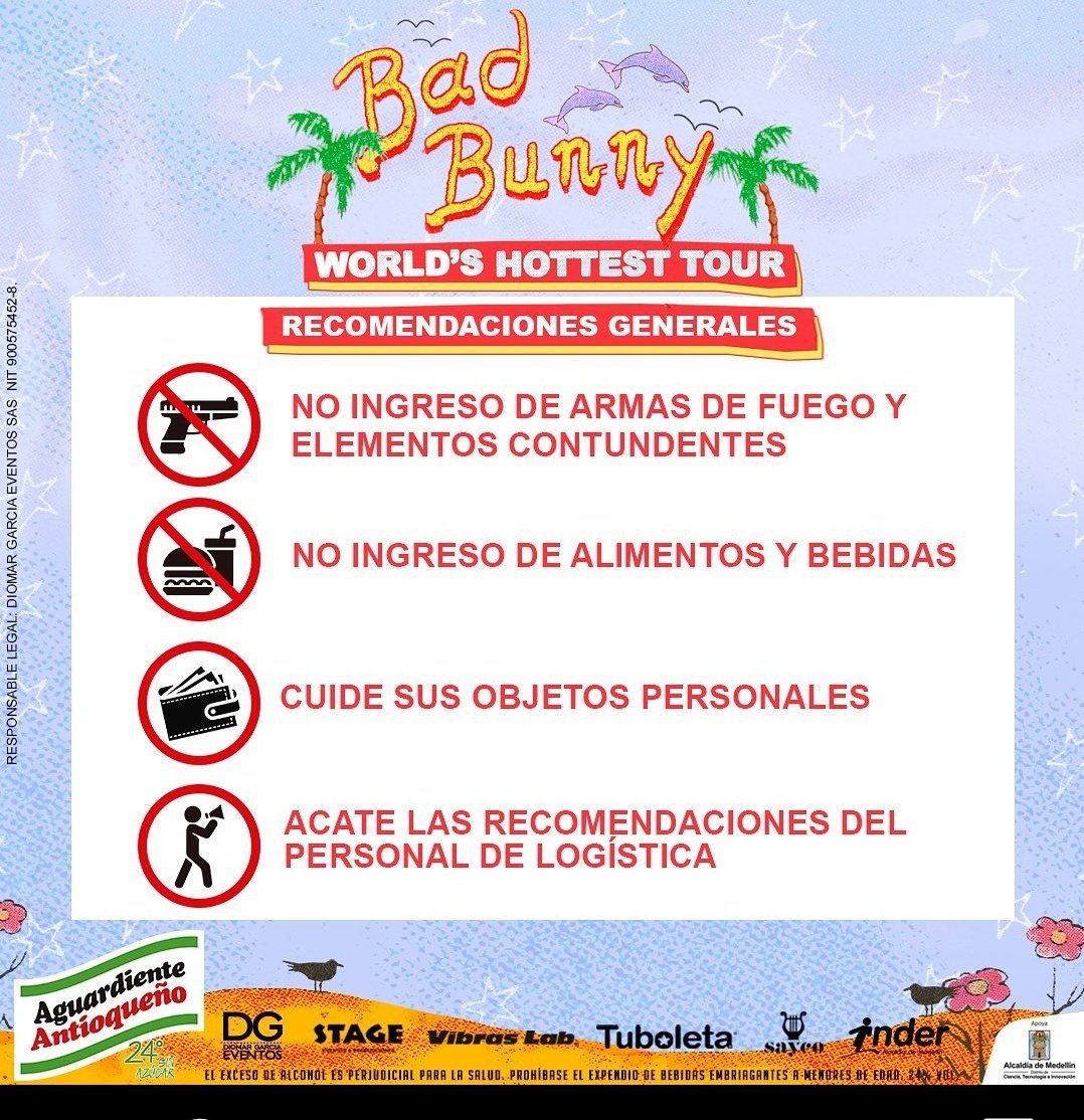 bad_colombia's tweet photo. Recomendaciones y restricciones para las dos fechas 18/19 de Bad Bunny en Medellín. APERTURA DE PUERTAS A PARTIR DE LAS 4:00PM. https://t.co/0vAth2pBYY