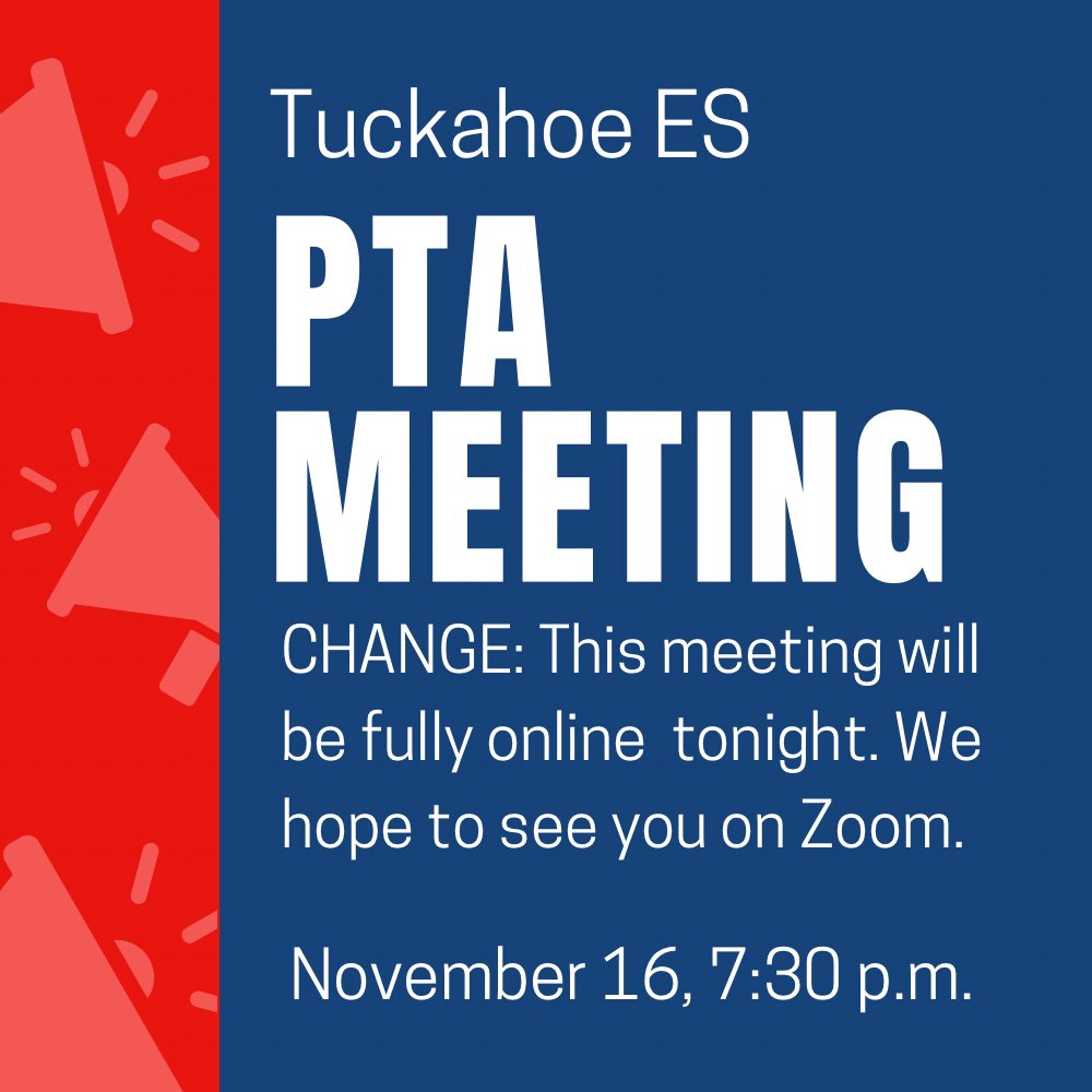 RT @TuckahoeAP : Actualización: la reunión de la PTA de @TuckahoeSchool de esta noche ya no será híbrida, será en línea. https://t.co/BWIu4hkZsU