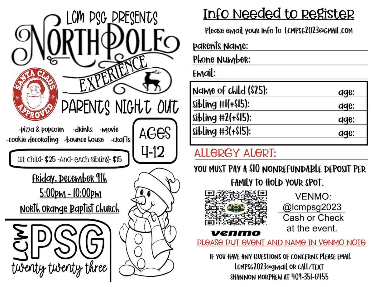 Mark your calendars now: Friday, December 9th LCM PSG will be hosting a parents night out! 🎅🏻🧑🏻‍🎄🎄