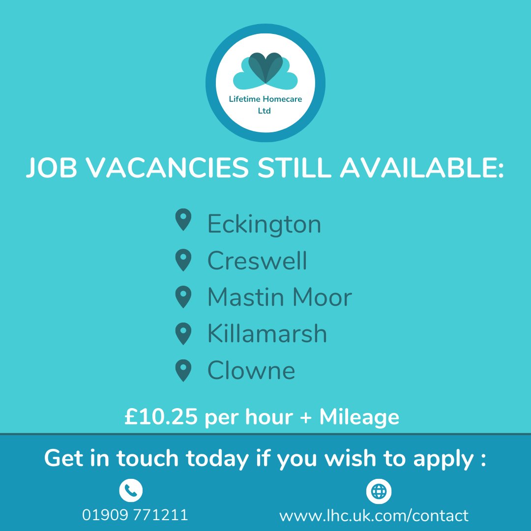 We still have several care vacancies available across our areas:

📍Eckington
📍Creswell
📍Mastin Moor
📍Killamarsh
📍Clowne

🖱bit.ly/LHCcontactpage #carework #sheffieldjobs #carejobs #homecare #homecarejobs