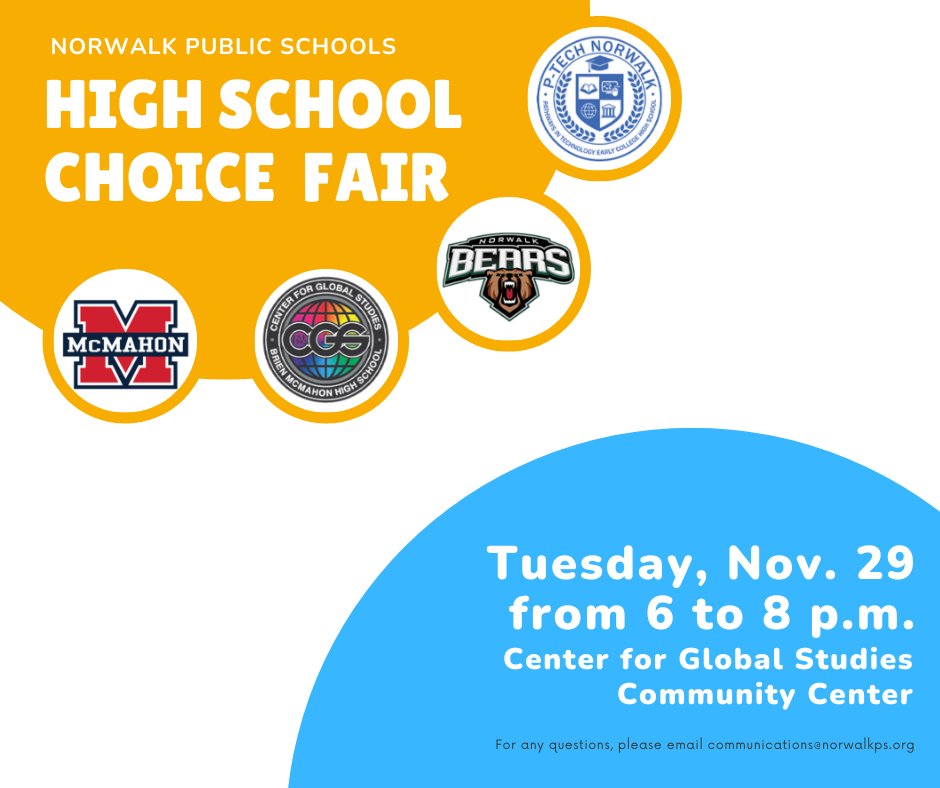 Attention all 8th grade students and families! The 2023-2024 High School Choice Fair will be on Tuesday, Nov. 29, 6-8 p.m. at the Center for Global Studies in the Community Room. Learn about the 4 high schools and their exciting pathways and programs.