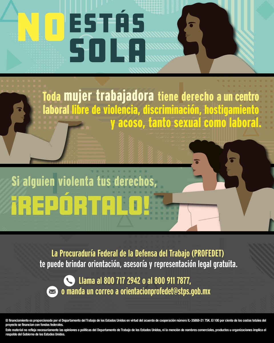 Las mujeres trabajadoras merecen y tienen derecho a centros de trabajo libres de discriminación, de violencia, de acoso u hostigamiento, tanto sexual como laboral.

Cualquier violación a tus derechos repórtala a <a href="/PROFEDET/">Procuraduría Federal de la Defensa del Trabajo</a> 

#LaReformaesTuya #ReformaLaboral