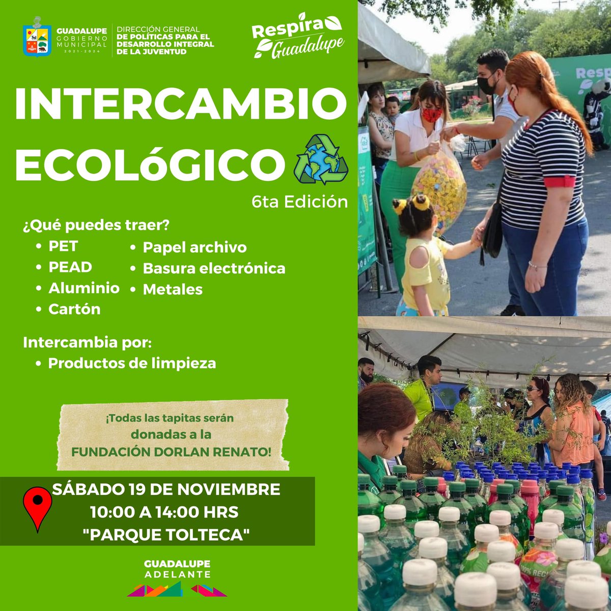 municipiodegpe's tweet photo. Intercambio Ecológico
6ta Edición este sábado 19 de noviembre.
Aquí podrás cambiar tus productos reciclados por árboles y productos de limpieza. Todas las tapitas serán donadas a la Fundación Dorlan Renato.
Te esperamos de 10:00 a 14:00 hrs en el #ParqueTolteca. https://t.co/6Mqf9MOiBC