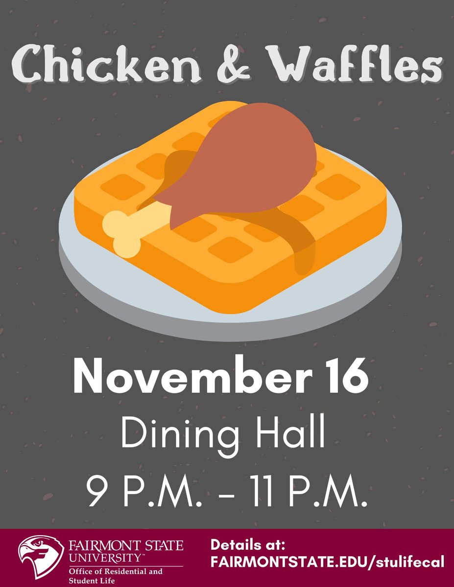 Don't forget to join us for Chicken and Waffles tonight during your #studybreak! Starting at 9:00 in the Dining Hall!