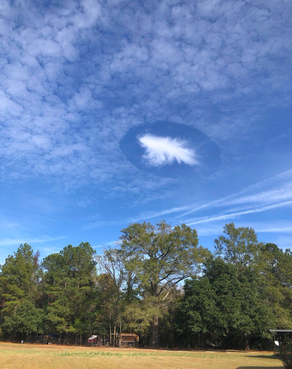 EdPiotrowski's tweet photo. Hole-punch/fallstreak cloud over Effingham this aft. Form when a plane flies thru a layer of altocumulus clouds. Triggers the formation of precip which falls, but evaporates before reaching the ground leaving a circular void in the blanket of clouds.📸Debra Yarborough #scwx #ncwx https://t.co/vZjqTwmwSo