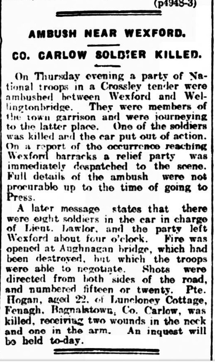 100 years ago today a Free State soilder named Peter Hogan age 22 from Carlow was shot in an ambush at Aughnaghan bridge.The lorry he had been travelling in with others  managed to cross the blown up bridge using planks when it was ambushed by anti treaty forces