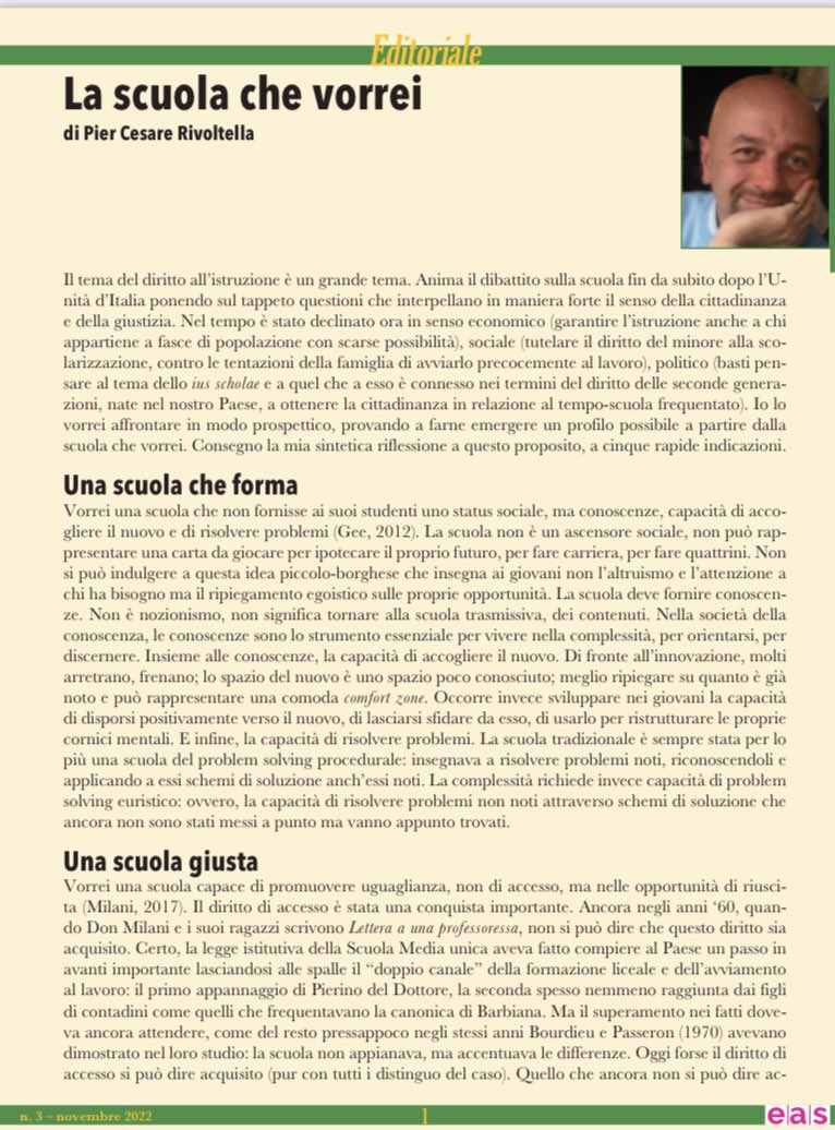 CremitTW's tweet photo. #Eas di #novembre. L’editoriale ‘La scuola che vorrei’ di @Piercesare #Rivoltella apre il nuovo numero #Scholé #Morcelliana https://t.co/DbWcywKsvN