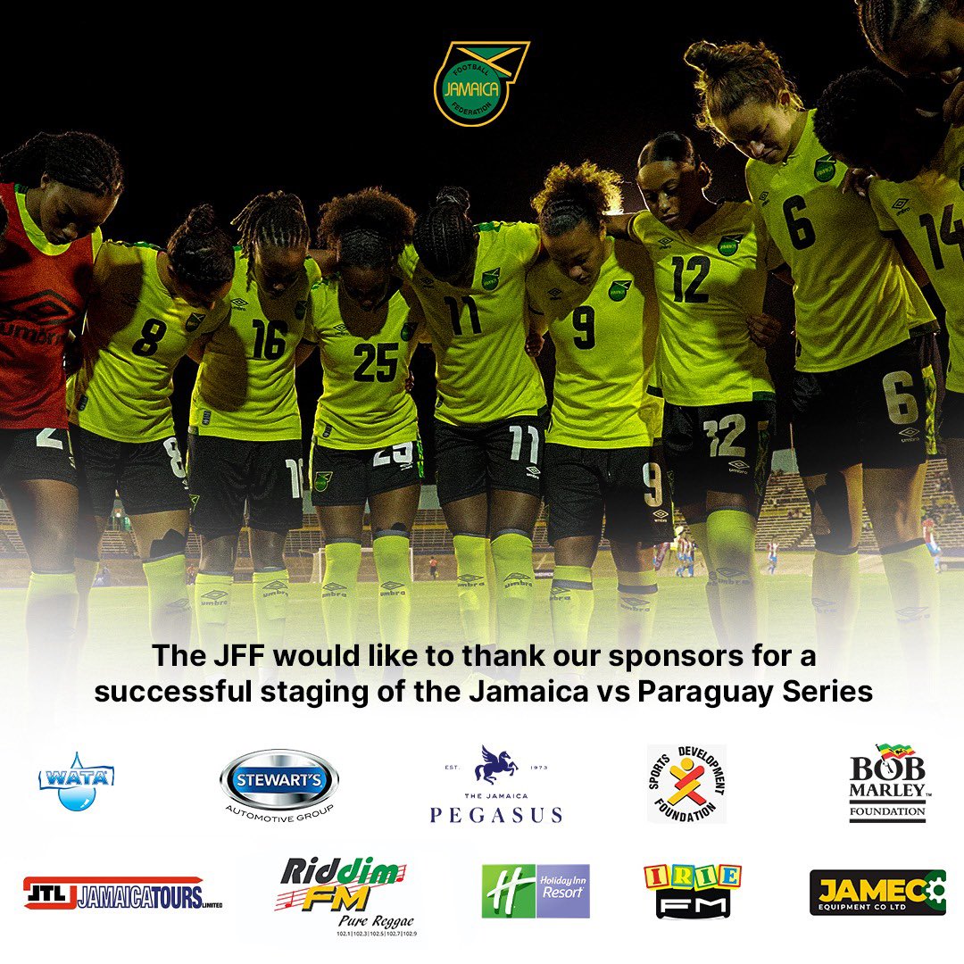 jff_football's tweet photo. A thank you message to our sponsors 🙏🏾
.
#ReggaeGirlz #InternationalFriendly #WATA #BobMarleyFoundation #StewartsAutomotiveGroup #Jameco #RiddimFM #IrieFM #SDF #HolidayInnResortJamaica #JamaicaPegasus #JamaicaToursLTD #ReggaeGirlzFoundation #JAMPRY #JFF_Football https://t.co/Y5ElQ65kSb