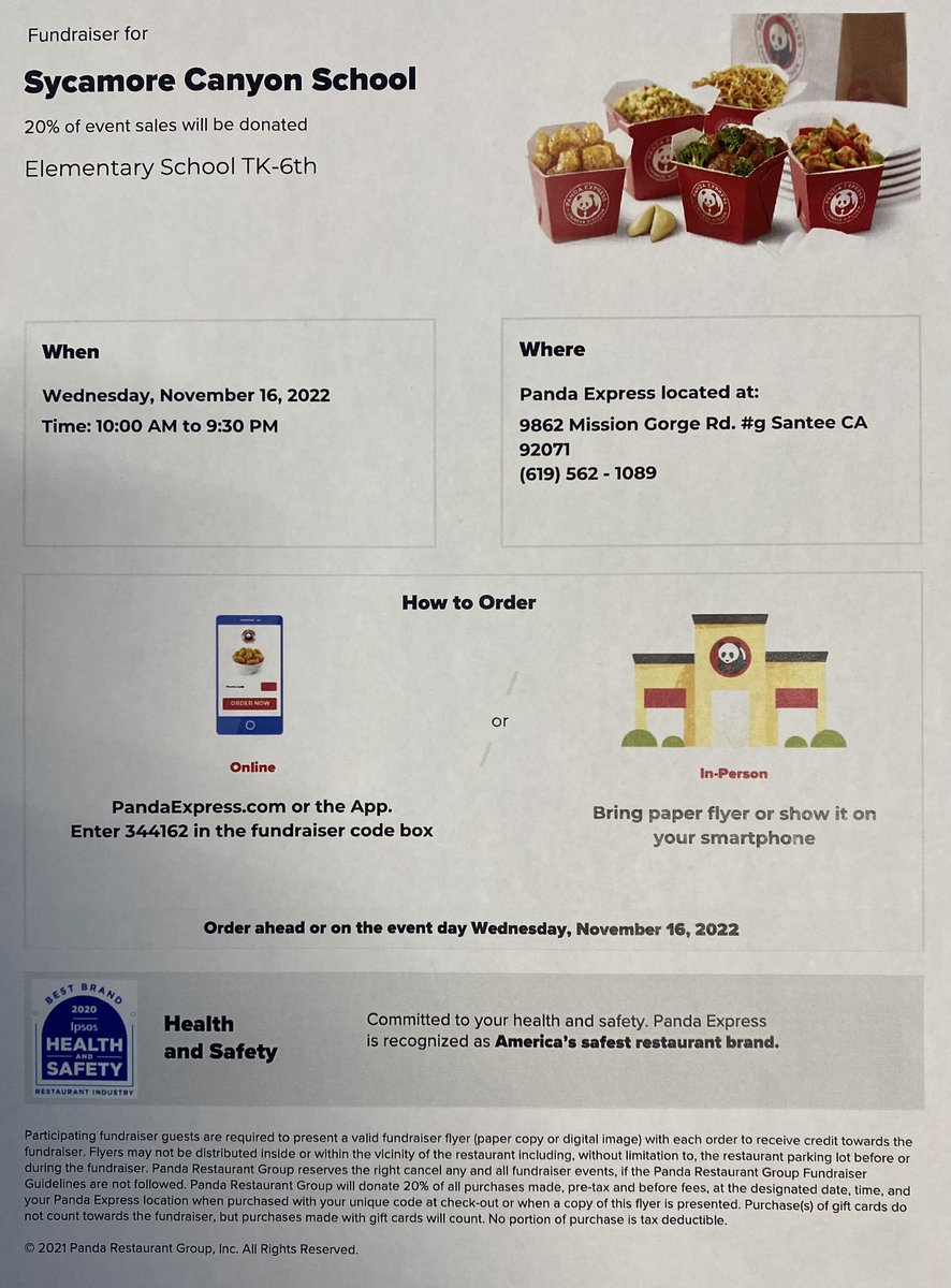 Don’t forget about the Panda Express Food Flyer Day today. From now until 9:30 PM, show the flyer and 20% of sales come back to Sycamore Canyon. Thank you!