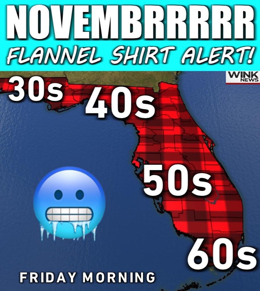 MattDevittWX's tweet photo. FLORIDA FALL FRONT! 🙌🏻
Get ready for cooler weather across the state with 50s in Southwest Florida by Friday morning. 30s for parts of the Panhandle! I have details tonight at 5 PM on @WINKNews. https://t.co/46bLSGyGXh