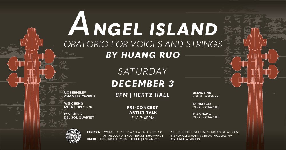 ucbmusicdept's tweet photo. Berkeley Chamber Chorus, conducted by Wei Cheng will perform Angel Island — Oratorio for Voices and Strings, composed by Huang Ruo with the Del Sol Quartet as part of the Berkeley Futures History Lab.
https://t.co/SH1sxgTBqs
#BerkeleyMusic https://t.co/Fw6U7eQUEg