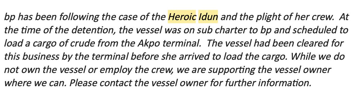 Harsh5229's tweet photo. Statement from the BP charter of heroic idun, vessel been held for more than 3 months in EG and now being held in nigeria, no communication with the crew since 3 days's please help the innocent 26 crew member's @PMOIndia @narendramodi @rashtrapatibhvn @DrSJaishankar @rajnathsingh https://t.co/yfrkg90kjp