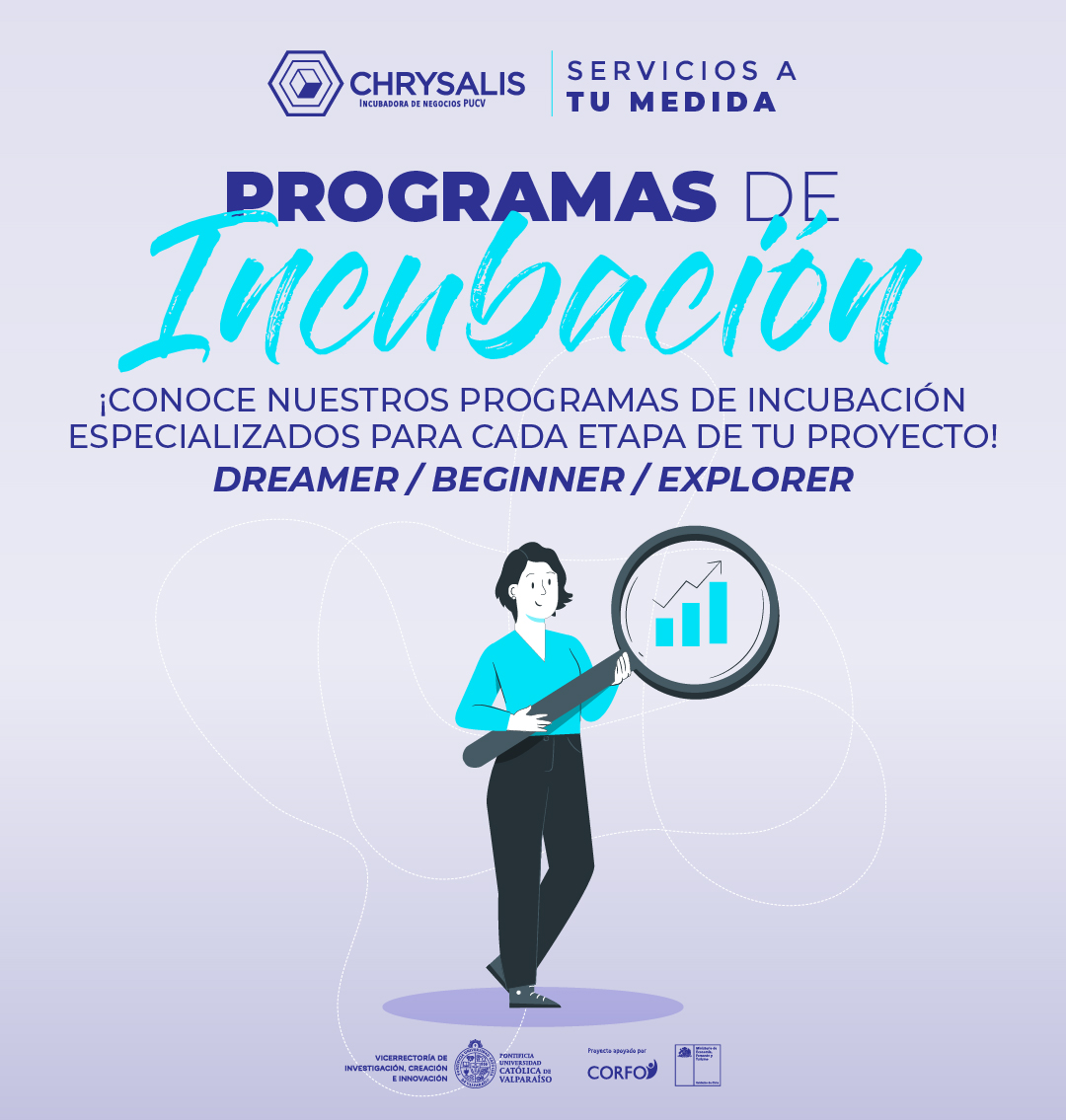 En #ChrysalisPUCV contamos con 3 programas especialmente diseñados para cada #emprendimento o #startup:
💭 Dreamer
🔝 Beginner
🧭 Explorer

📲 Contáctanos directo en: api.whatsapp.com/send?phone=569…
