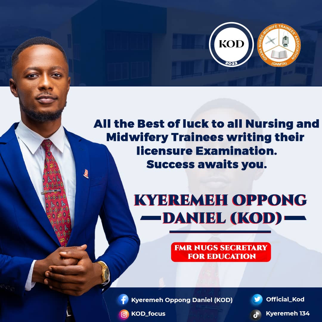 Congratulations to all members of The Nursing and Midwifery Training Colleges of Education in Ghana.
 
I wish you all, the very best as you move to sit for the Nursing and Midwifery Licensure Examination. 
#TheNugsKOD #ThePeoplesKOD