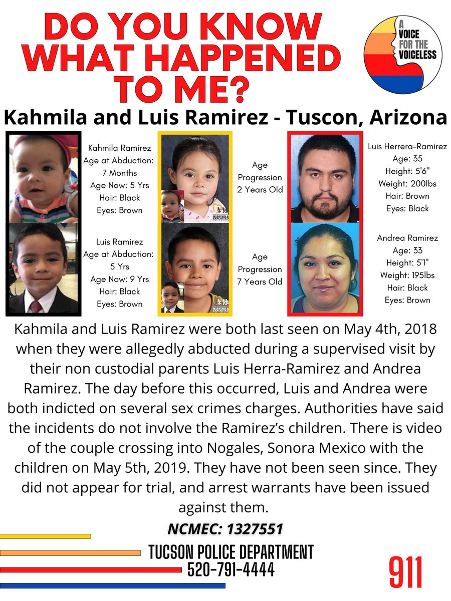 AwarenessTCS's tweet photo. Do you know what happened to me?
#Kahmila and #LuisRamirez were both last seen on May 4th, 2018 in #Tuscon #Arizona. They were #abducted by their non bio parents who had been indicted on other charges the day prior.
NCMEC: 1327551
Tucson Police Department
520-791-4444
#Missing https://t.co/MU4SQBQrFg