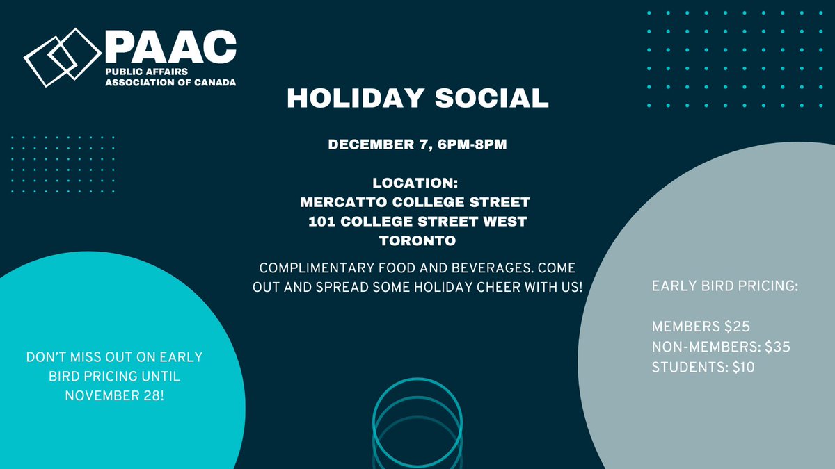 PAAC84's tweet image. Calling all @PAAC84 members! It’s that time of year again: Join us for our Holiday Social!

Enjoy complimentary food and refreshments and spread some holiday cheer with friends and colleagues! Early bird tickets available now!
Prices go up on Nov 29!
bit.ly/3E5p5nC