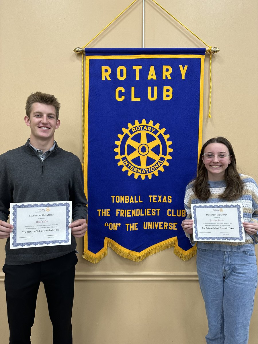 Lashelle_Nix's tweet photo. Thank you, Tomball Rotary Club, for recognizing Reed Odell and Jocelyn Auxier as your Students of the Month!@TISDTMHS https://t.co/cab00CdATN