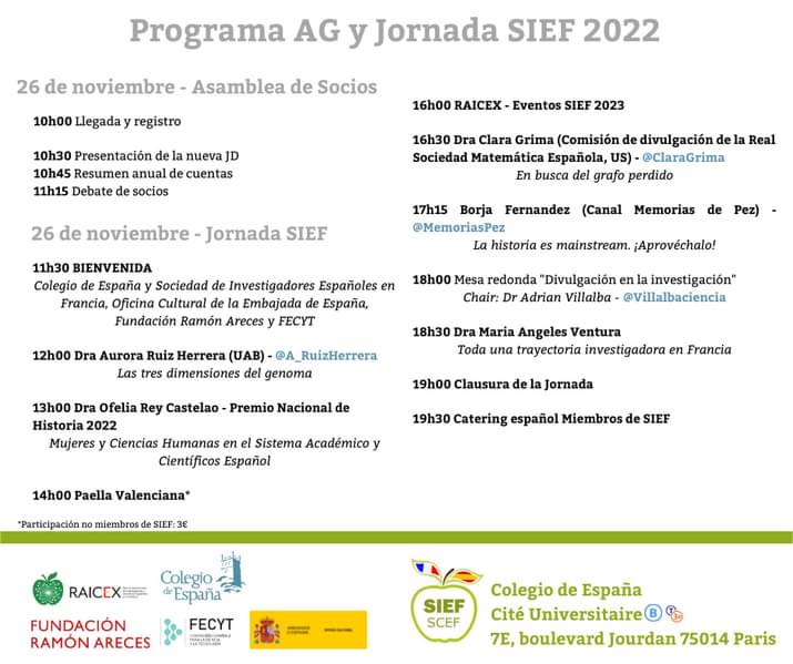 SIEF_SCEF's tweet photo. #EventoSIEF

Este 26/11 realizamos nuestra Asamblea General en el @CdE_Paris

Si quieres venir, inscríbete aquí 
👇
https://t.co/9K3uspJsyD https://t.co/VJvGpM5a5a