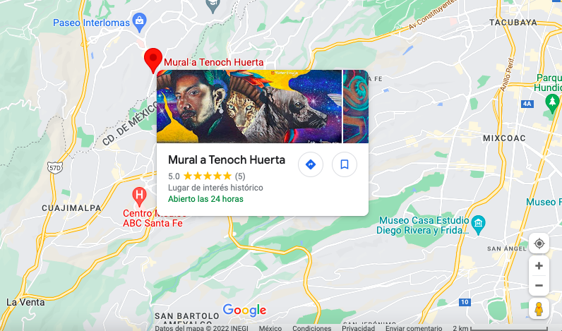 ¡Órale! ¿Sabían que el mural de instagram.com/tomerlinaje (Rafael Medina) ya aparece en maps como un destino? 
Ay papá! Abierto las 24 horas! 🙏🏾🙌🏾🇲🇽