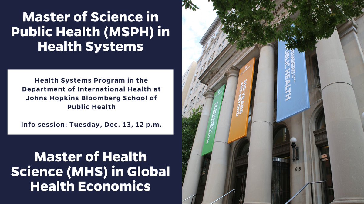 Interested in pursuing a master's degree in #GlobalHealth? Join our info session to learn more about our two master's degree programs: the MSPH in #HealthSystems and MHS in Global Health Economics. 

📅 Tuesday, Dec. 13 at noon. Register below:

applygrad.jhu.edu/register/?id=c…
