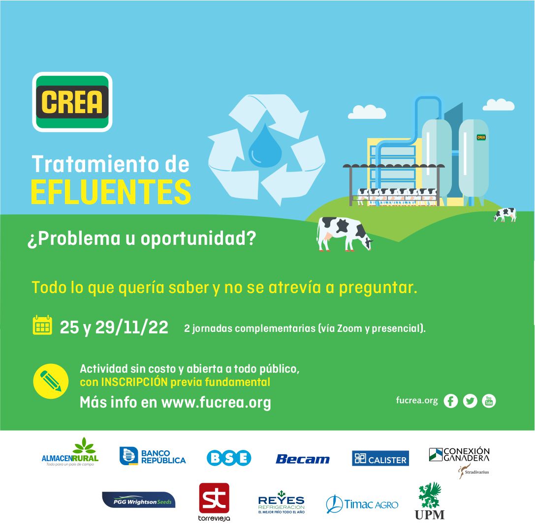 ♻️💧Jornada CREA de Tratamiento de Efluentes: ¿problema u oportunidad?
Todo lo que quería saber y no se atrevía a preguntar...  

🗓️ 25 y 29/11/22 
Dos instancias complementarias (Zoom y presencial)

Entrá aquí por más info e inscripciones: fucrea.org/noticias/jorna…